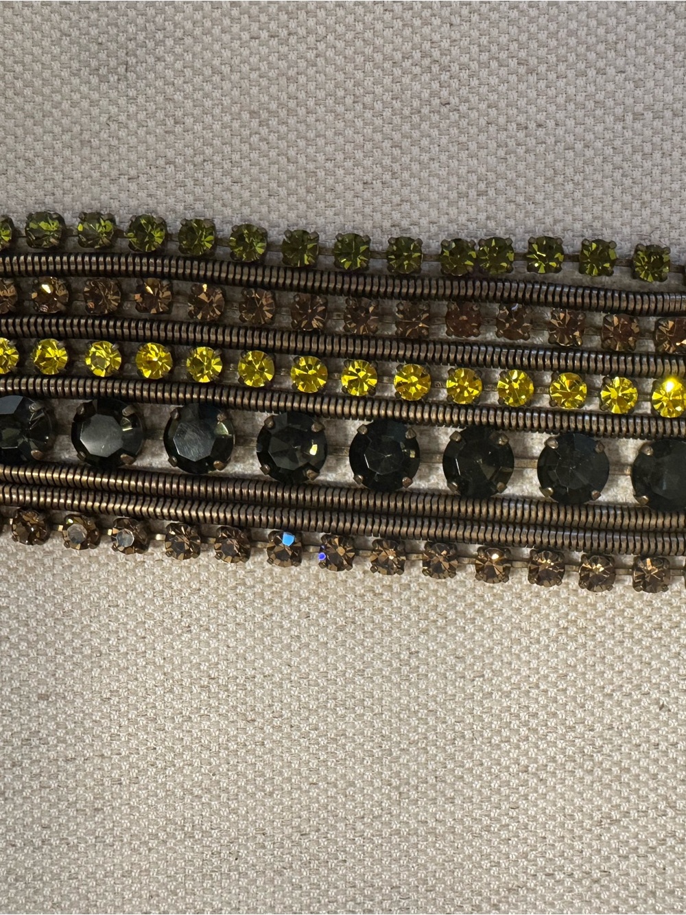 JCrew Vintage Handcrafted Olive and Yellow Crystal Multi-Row Bracelet
